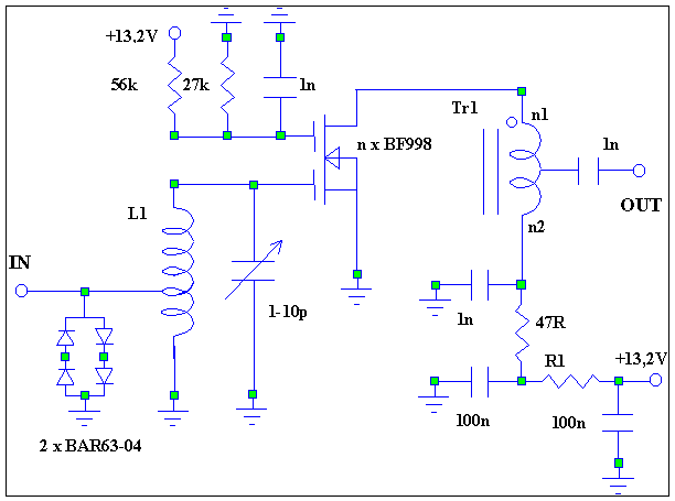Obecné schéma zapojení předzesilovače n-krát BF998