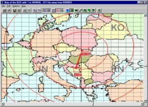 Mapa znázorňujúca QSO z KN09 do JN94. Pohyb kurzora vyvoláva krátku informáciu o QRB z vlastného lokátora.
