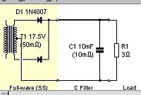 Schéma analyzovaného zapojenia, žlto zvýraznená časť transformátora a usmerňovača