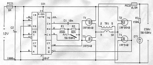 Schéma zapojenia meniča 12V DC na 230V AC