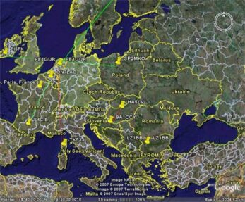 Google Earth zobrazuje spoty z DX clustra