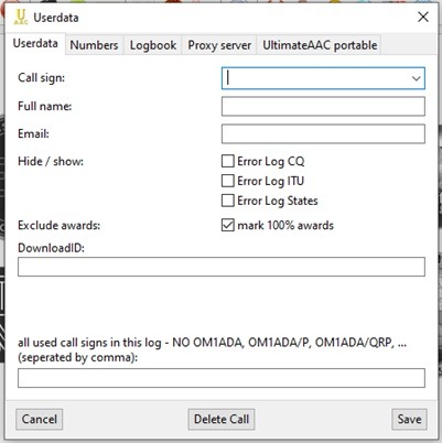 UltimateAAC - fill in the call sign, name and surname and email address (A picture 2)