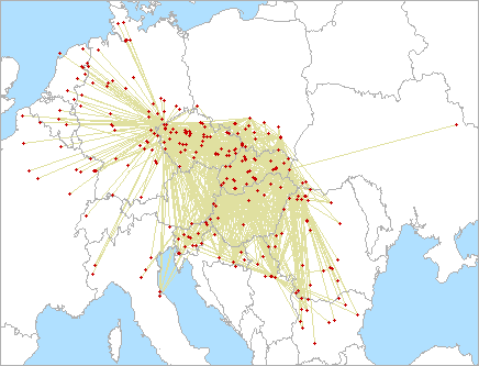 Mapa spojení v Memoriáli OM3AU na 144 MHz