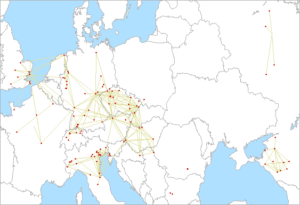 Mapa spojení na 5,7 GHz v IARU Region 1 UHF Contest 2023