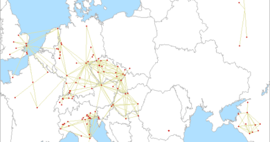 Mapa spojení na 5,7 GHz v IARU Region 1 UHF Contest 2023