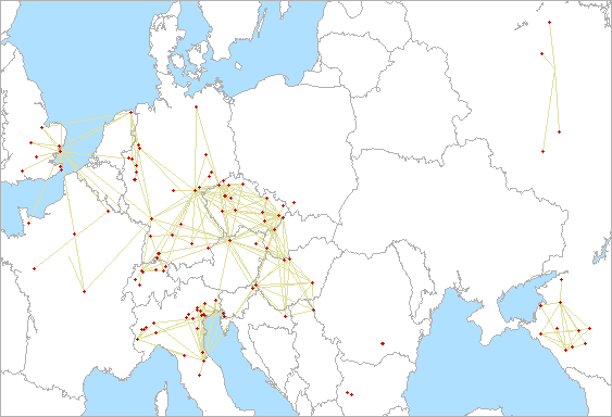 Mapa spojení na 5,7 GHz v IARU Region 1 UHF Contest 2023
