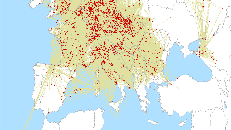 Mapa spojení na 144 MHz v 3.subreionáli na VKV 2024