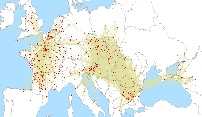 Mapa spojení na 144MHz v Memoriáli OM3AU 2025
