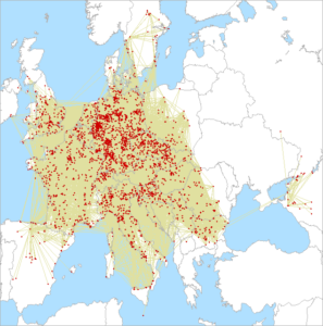 2. subregionál 2025 - mapa spojení v pásme 144 MHz