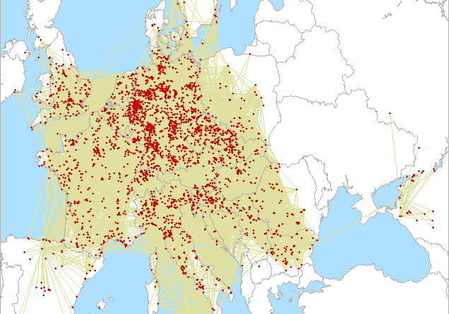 2. subregionál 2025 - mapa spojení v pásme 144 MHz