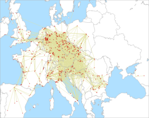 Mapa spojení na 23cm v 2.subregionále na VKV 2025