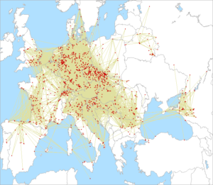 Mapa spojení v pásme 70cm v 3.subregionáli 2025