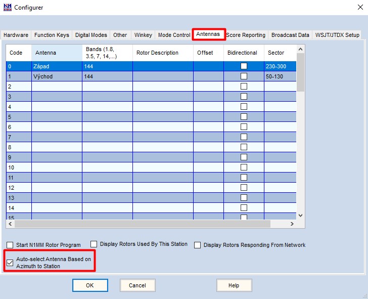 Príklad nastavenia prepínania dvoch antén v pásme 144MHz cez OTRSP