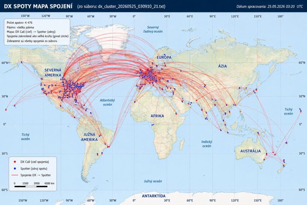 Mapa DX spotov na 6m z 24. a 25..mája 2026