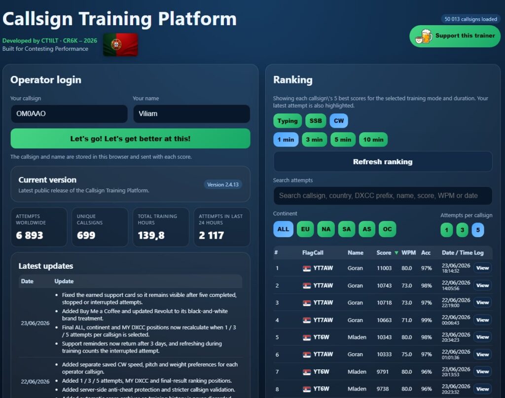 Plateforme d'entraînement aux indicatifs d'appel: tréningový nástroj pre contestmanov od CT1ILT Callsign Training Platform