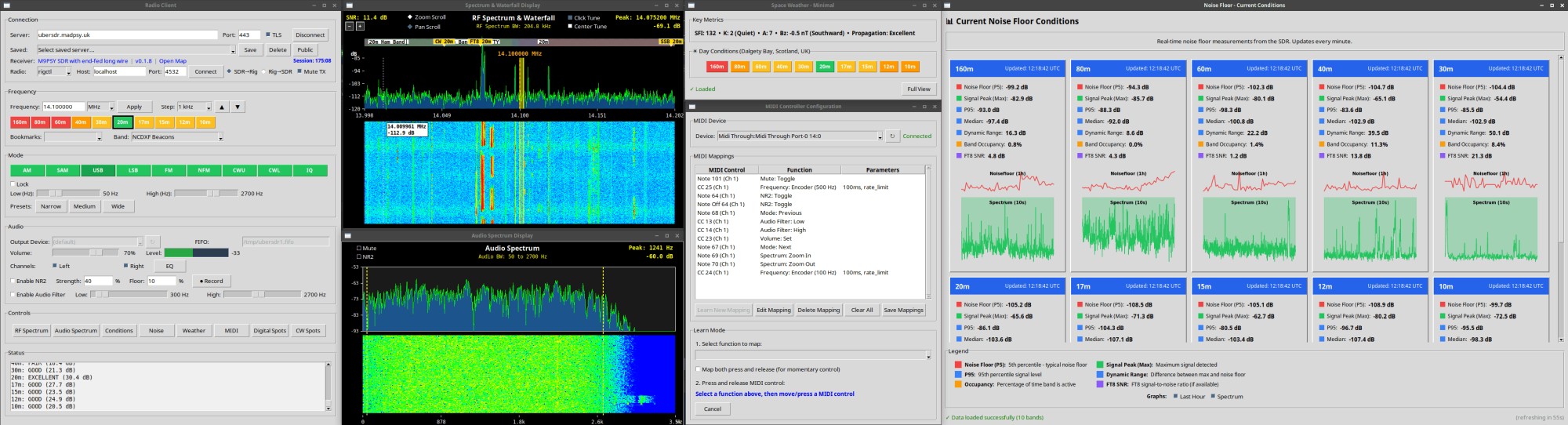 UberSDR Desktop klient s viacerými oknami