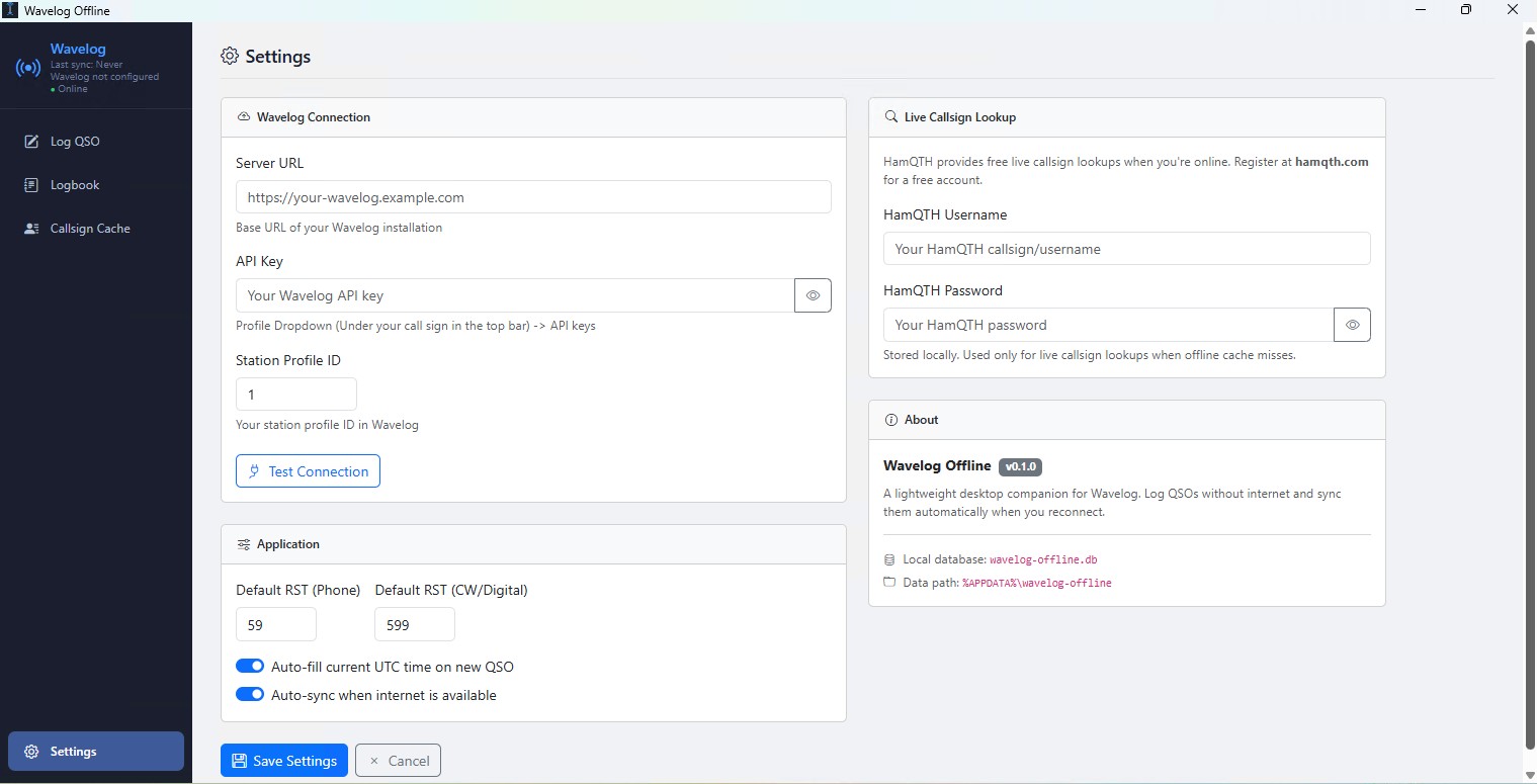 Okno nastavení aplikácie Wavelog-Offline s poľami pre Server URL, API kľúč, Station Profile ID, tlačidlom Test Connection a voliteľným prihlásením do HamQTH
