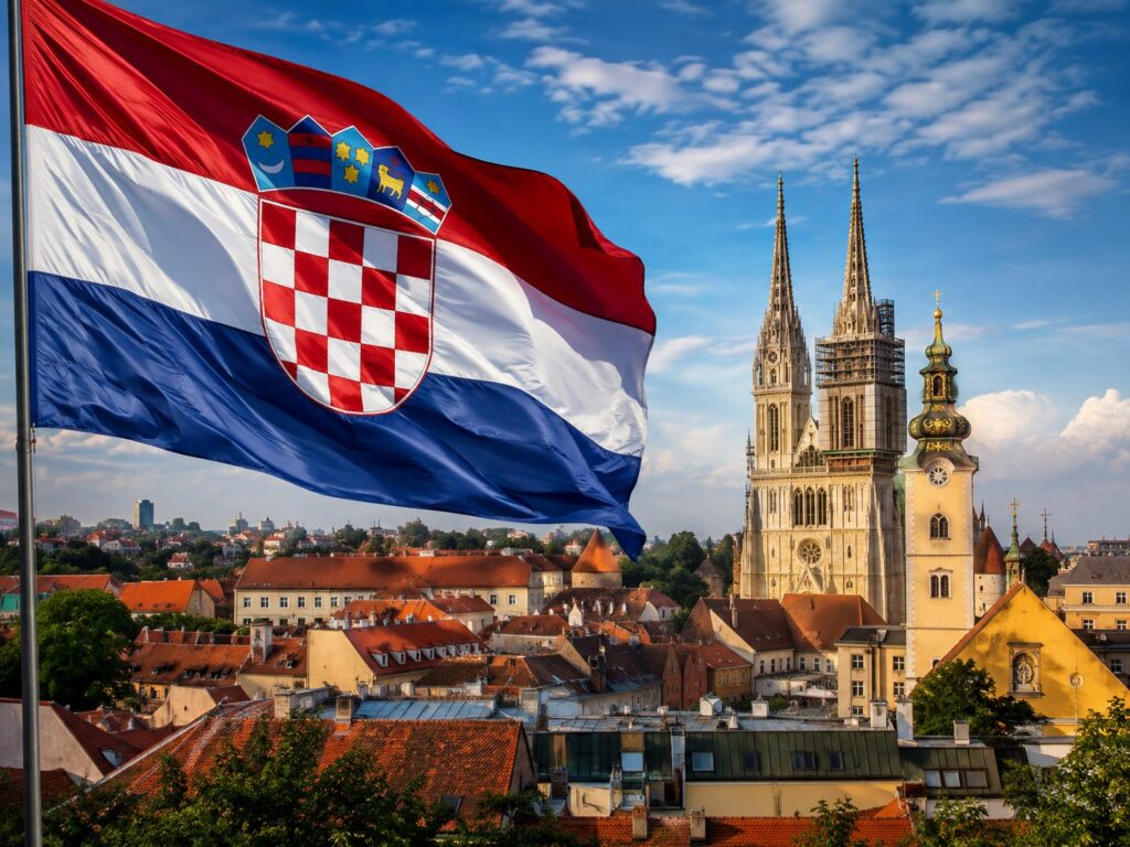 Zagreb Radio Fest 2026 Chorvátska vlajka nad panorámou Záhrebu s katedrálou