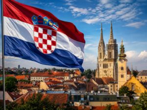 Chorvátska vlajka nad panorámou Záhrebu s katedrálou