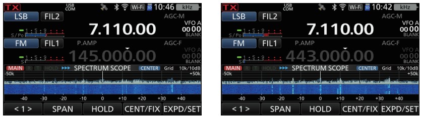 Dve snímky displeja Icom IC-7110 zobrazujúce funkciu dualwatch – VFO A na 7.110,00 kHz (LSB, KV) súčasne s VFO B prepínaným medzi 145.000,00 kHz (2 m) a 443.000,00 kHz (70 cm), oba so spektroskopom v reálnom čase