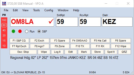 Okno N1MM+ pro zadání značky OM8LA, automaticky předvyplněným okresem KEZ z databáze Call History, reporty 59/59 a azimutem směrování 82° na pásmu 3720 kHz SSB