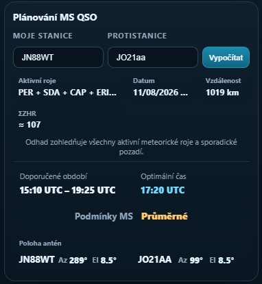 Jak plánovat MS spojení? Tabulka v Meteor Scatter Planner US8AR dává odpověď