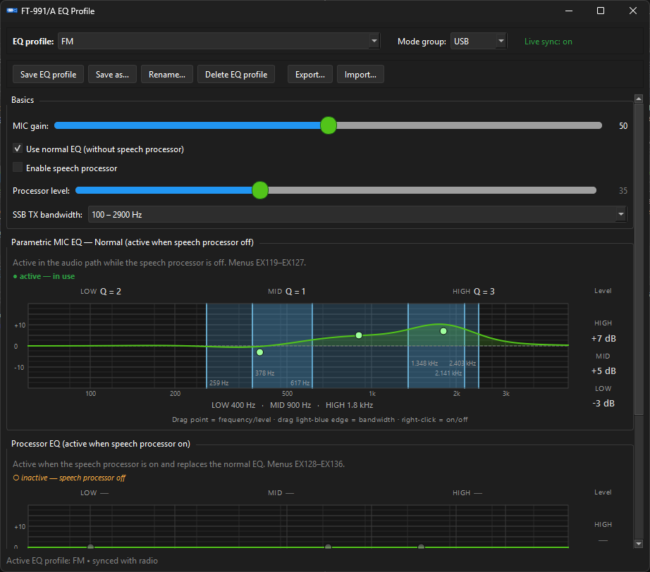 FT-991/A Audio Manager – parametrický mikrofónny ekvalizér pre TX audio