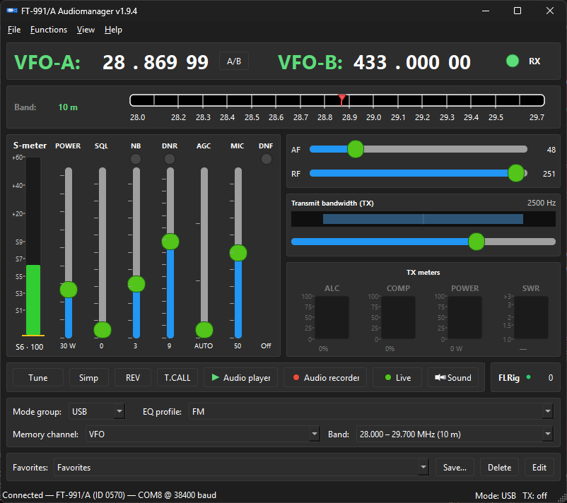 FT-991/A Audio Manager v1.9.4 – hlavné okno pripojeného Yaesu FT-991/A