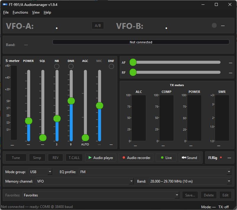 FT-991/A Audio Manager v1.9.4 – hlavné okno bez pripojeného transceivera