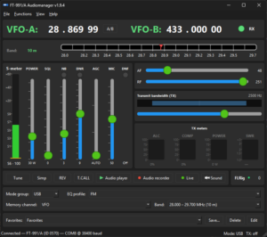 Hlavné okno FT-991/A Audio Manager v1.9.4 s ovládaním VFO, S-metrom, TX parametrami a USB režimom