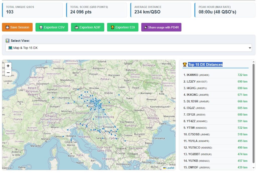 PD4R Post Contest Tool – mapa QSO a rebríček 15 najdlhších DX spojení