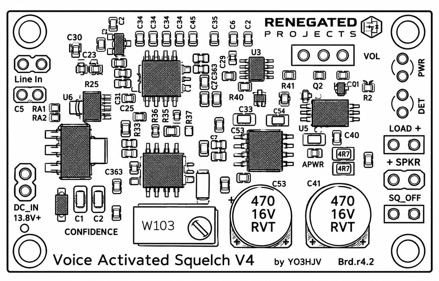 Czarnobiała techniczna ilustracja płyty Voice Activated Squelch VAS V4 od YO3HJV