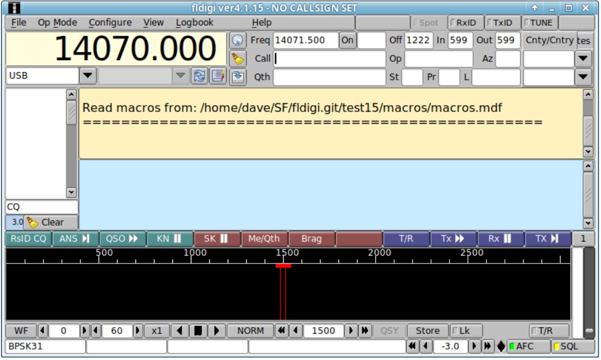 Hlavné okno FLDigi verzie 4.1.15 v móde BPSK31 na frekvencii 14071,500 kHz, ešte bez nastaveného volacieho znaku, s prázdnym vodopádom a ladiacim kurzorom na 1500 Hz