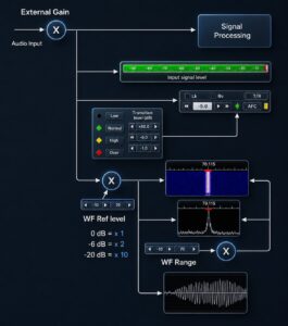 Schéma spracovania audio signálu vo FLDigi – od vstupu cez External Gain po Signal Processing, s vizualizáciou vodopádu, FFT spektra a osciloskopu na frekvencii 70,115 MHz, indikátorom vstupnej úrovne a prahovými hodnotami Low/Normal/High/Over