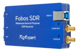 RigExpert Fobos SDR širokopásmový prijímač s RF, HF1, HF2, USB 3.0 a hodinovými konektormi CLOCK IN a CLOCK OUT