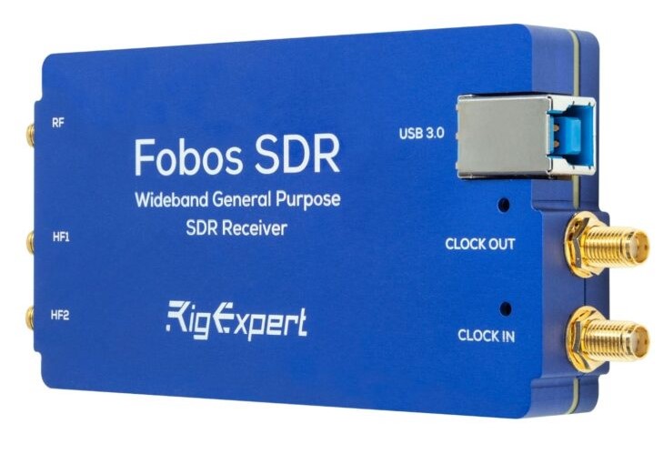RigExpert Fobos SDR: širokopásmový prijímač pre HF až mikrovlny RigExpert Fobos SDR širokopásmový prijímač s RF, HF1, HF2, USB 3.0 a hodinovými konektormi CLOCK IN a CLOCK OUT