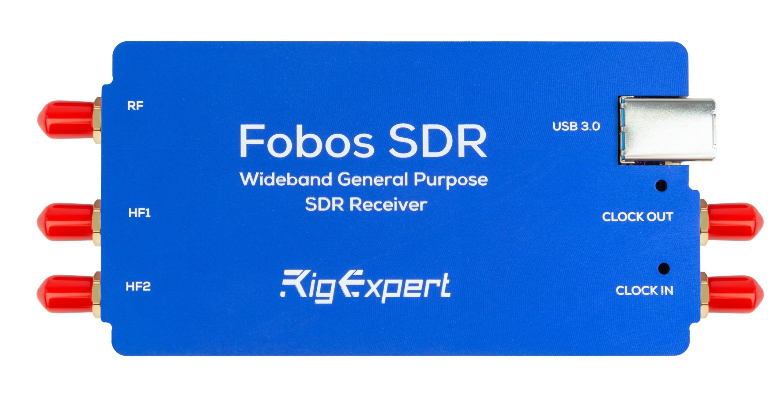 RigExpert Fobos SDR wideband SDR receiver with RF, HF1, HF2, and 10 MHz clock inputs and outputs