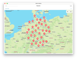 Mapové zobrazenie nástroja Repeater v HAM-Toolbox pre Nemecko a okolité krajiny, so zoskupenými značkami zobrazujúcimi počet prevádzačov v jednotlivých oblastiach strednej Európy