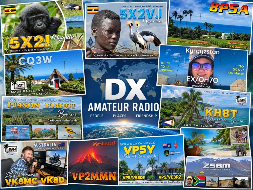 Koláž QSL lístkov z DX expedícií a rádioamatérskych staníc z rôznych častí sveta