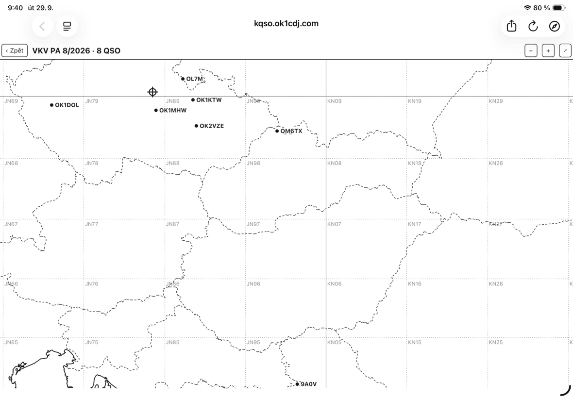 QSO map of connections from the 2m VHF contest with marked stations and locators
