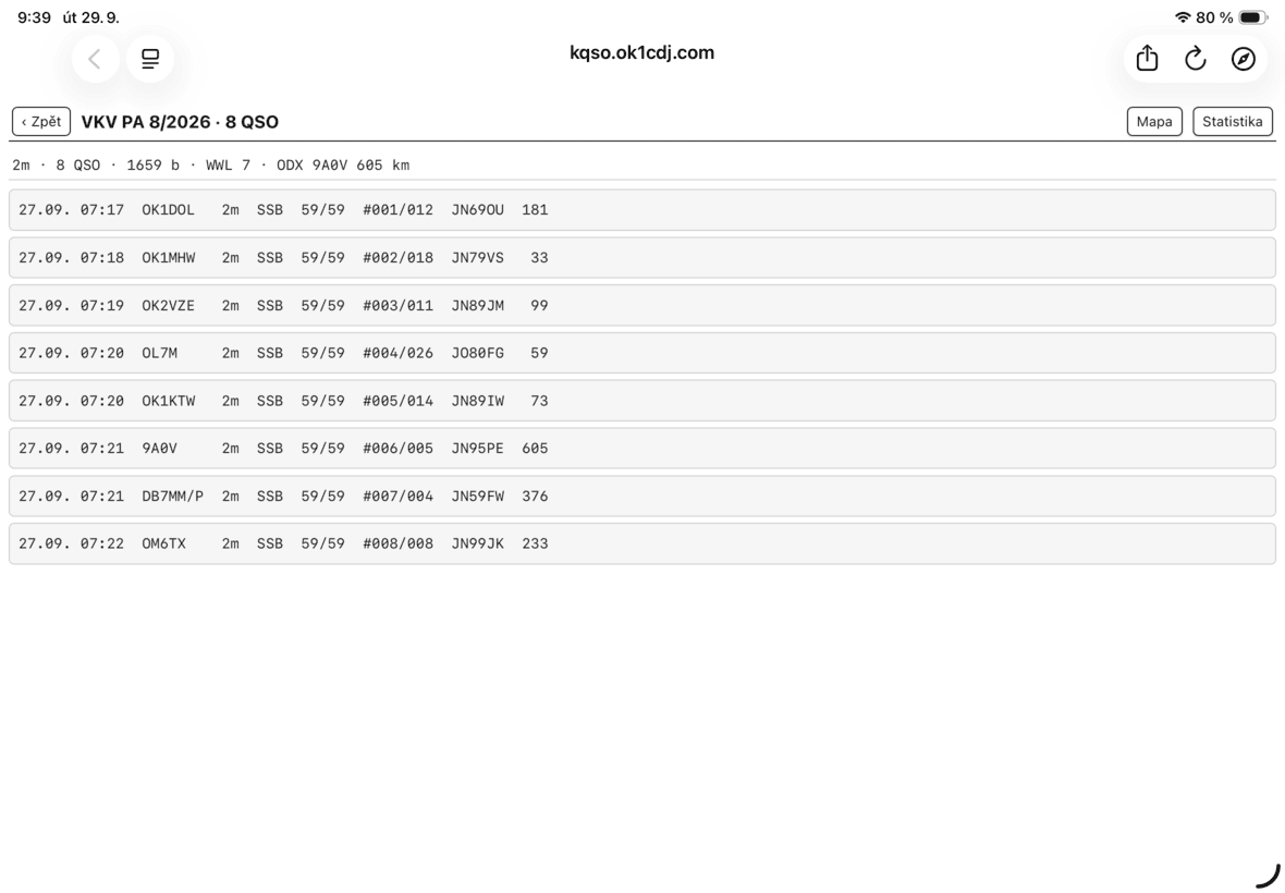 QSO on the tablet with an overview of QSO from the 2m VHF contest including points, locators, and ODX