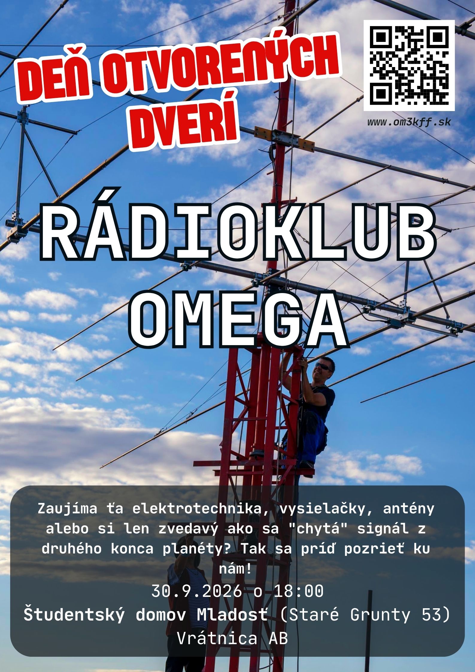 Plagát na Deň otvorených dverí Rádioklubu OMEGA OM3KFF na internáte Mladosť s rádioamatérskou anténou a stožiarom.