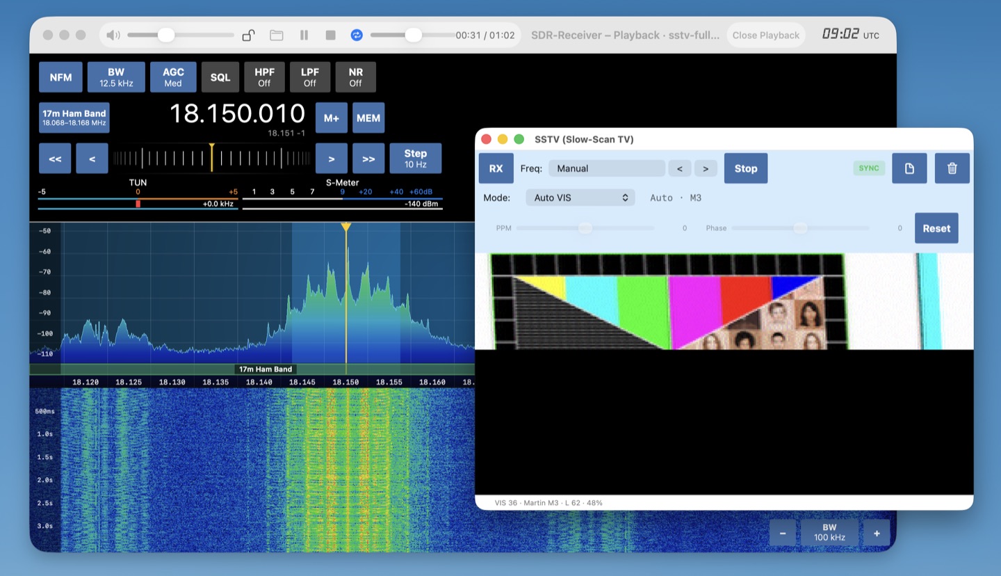 DR-Receiver during playback of I/Q recordings and decoding SSTV in the 17m amateur radio band