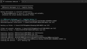 SDRConsole Backupper v1.0 počas vytvárania kompletnej zálohy konfigurácie SDR Console V3 v príkazovom riadku Windows