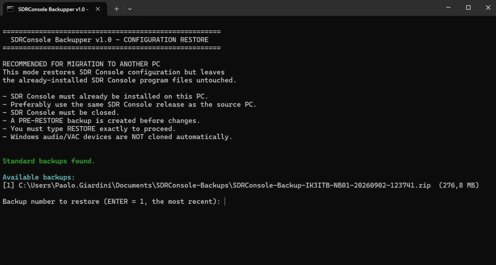 SDRConsole Backupper v1.0 pri obnove konfigurácie SDR Console V3 na inom počítači