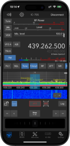 SDR-Control Mobile na iPhone ovládajúca Icom IC-705 v móde FM na pásme 70 cm, frekvencia 439.262,500 kHz