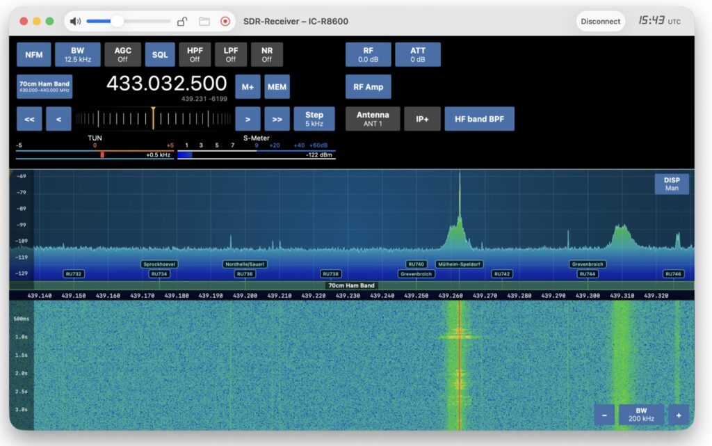 SDR-Receiver: SDR prijímač pre macOS s integrovanými dekodérmi SDR-Receiver s príjmom v 70 cm rádioamatérskom pásme
