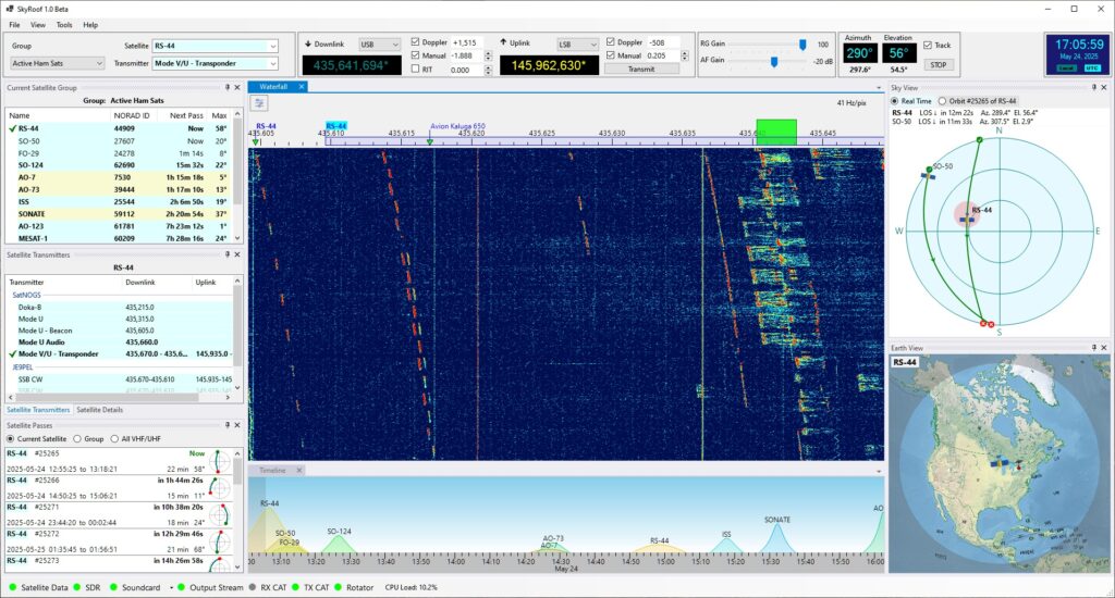 SkyRoof – hlavné okno programu so SDR waterfallom, trackingom satelitov a Dopplerovou korekciou
