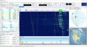 SkyRoof – hlavné okno programu so SDR waterfallom, trackingom satelitov a Dopplerovou korekciou