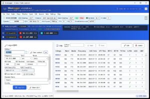 Hlavné okno SliceLogger v0.3.0.0-rc.3 s panelom stanice zobrazujúcim FLEX-8600 s dvomi aktívnymi slice na 50,313 MHz a 7,168 MHz v móde DIGU, formulárom na zadanie QSO so značkou K5FRS a tabuľkou denníka so zalogovanými spojeniami na pásme 6 m v móde FT8